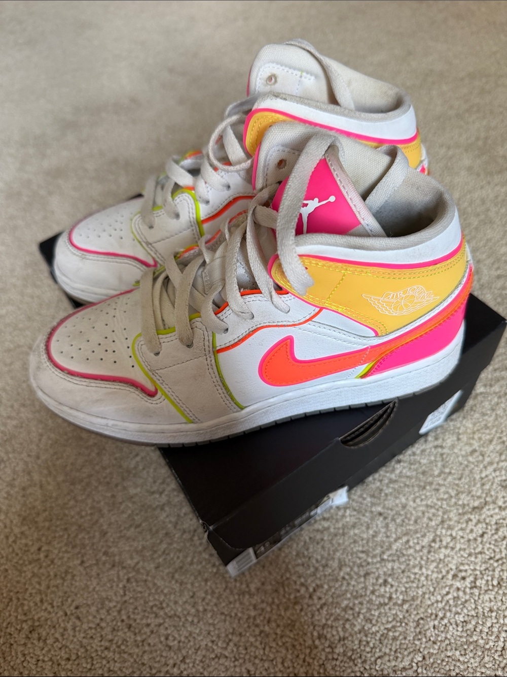 Air Jordan 1 Mid Edge Glow White with Neon Pink & Orange Accents